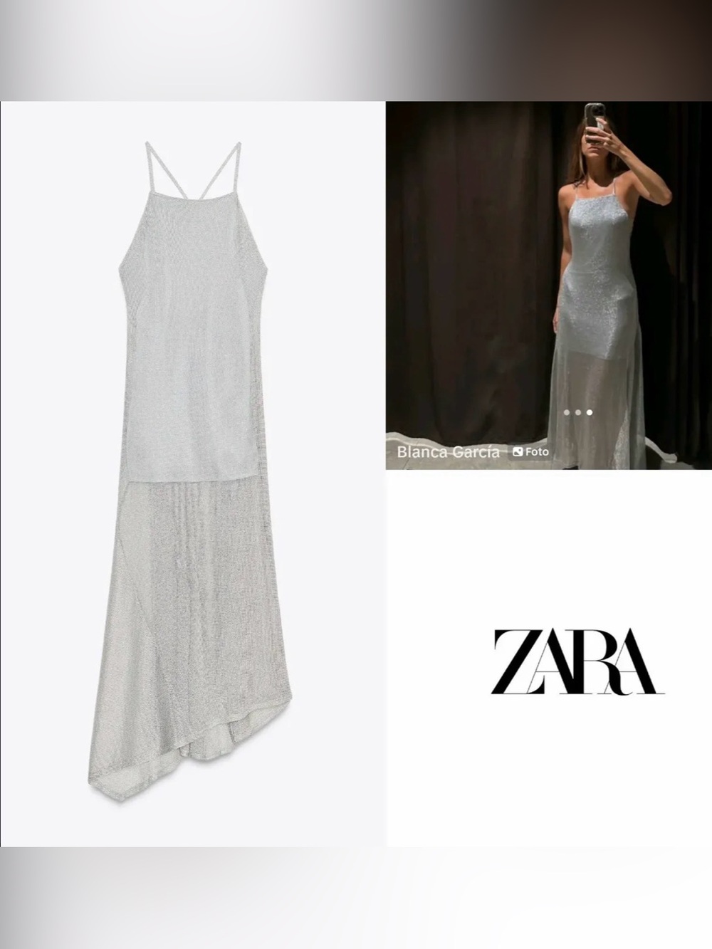 Zara Silver Asymmetrical Sheer Maxi Dress